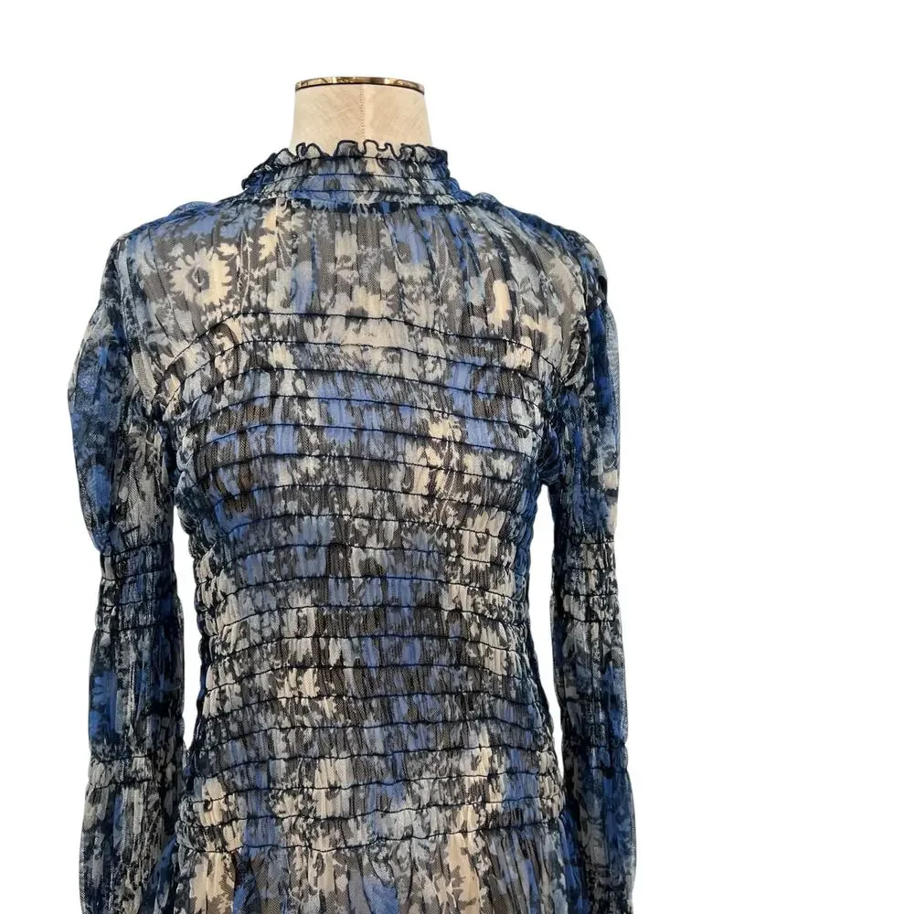 Free People Hello There Top‎ Blouse Smocked Flare Sleeve Mesh Floral Blue Large